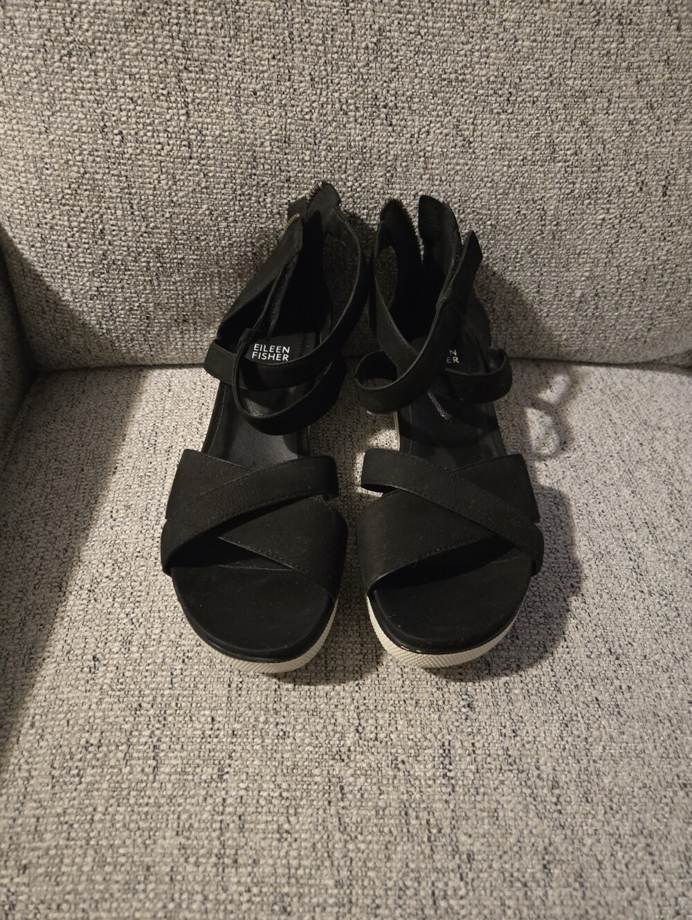 Eileen Fisher Black Crisscross Ankle-Strap Wedge Soft Leather Sandals